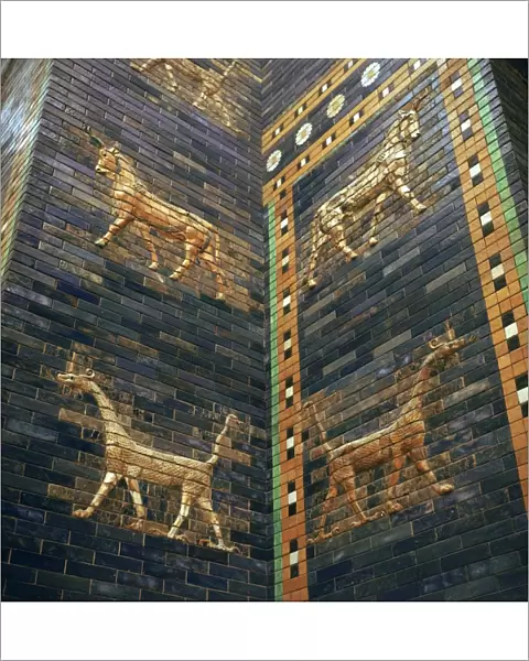 Moulded bricks from the Ishtar Gate showing lions and mushrushu, 7th century BC