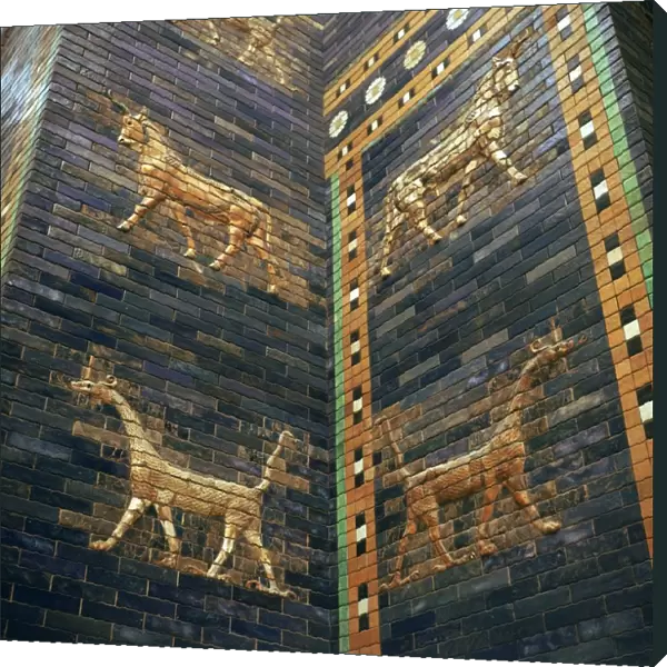 Moulded bricks from the Ishtar Gate showing lions and mushrushu, 7th century BC