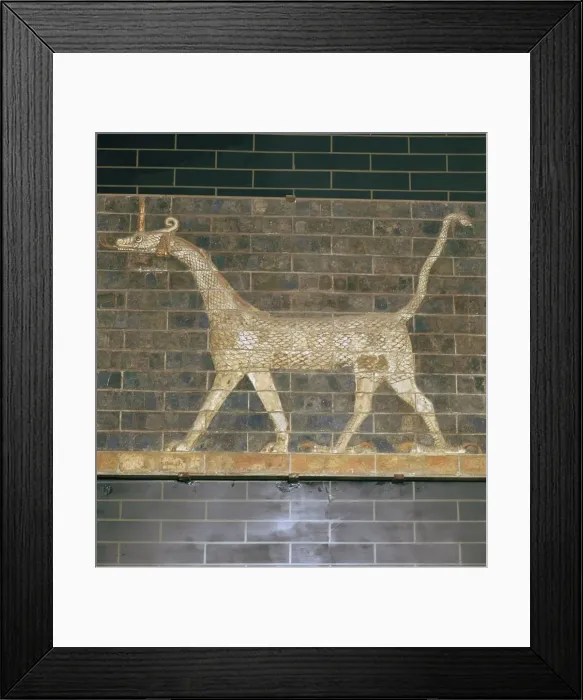 Framed Print : Glazed brick relief of a mushrushu on the Ishtar Gate, 7th century BC Framed Print : Glazed brick relief of a mushrushu on the Ishtar Gate, 7th century BC