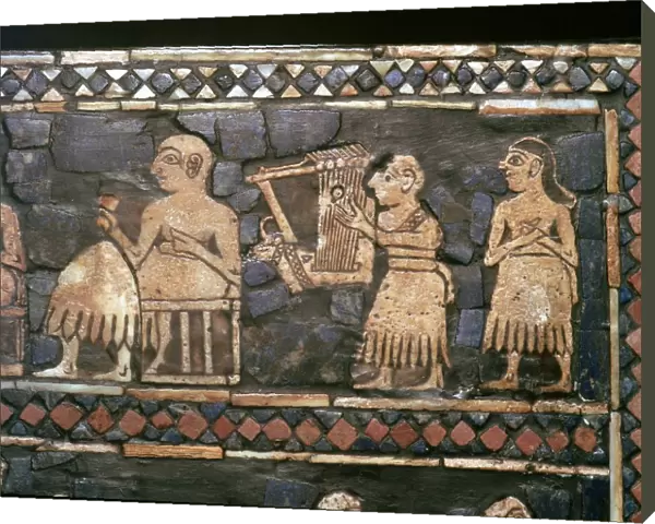 Detail of the standard of Ur showing a Sumerian Harpist and a Ruler, about 2600-2400 BC