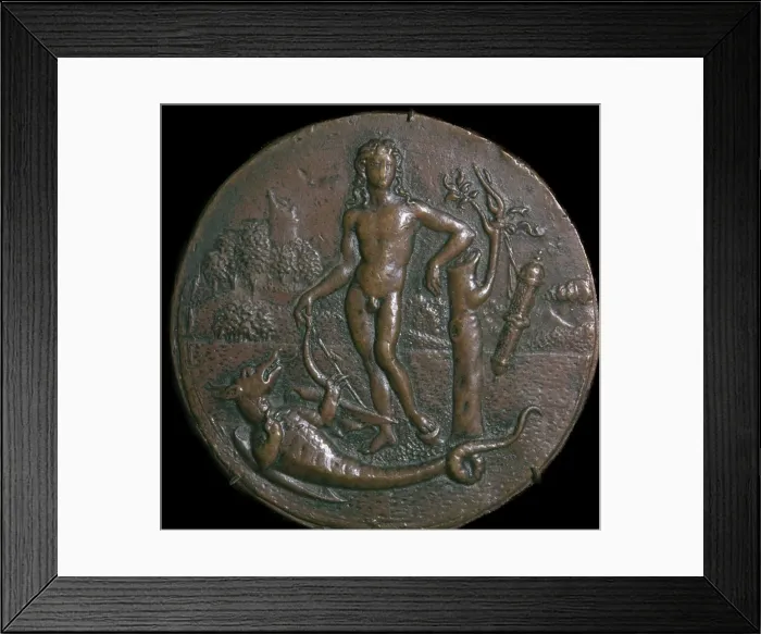 Framed Print : Bronze medallion of Apollo and the serpent Python, 16th century Framed Print : Bronze medallion of Apollo and the serpent Python, 16th century