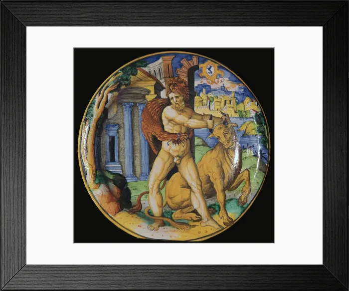 Framed Print : Italian earthenware plate with an image of Hercules and the Cretan bull, 16th century Framed Print : Italian earthenware plate with an image of Hercules and the Cretan bull, 16th century