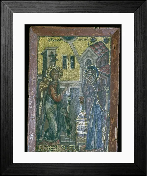 Framed Print : Miniature Byzantine mosaic of the Annunciation, 14th century Framed Print : Miniature Byzantine mosaic of the Annunciation, 14th century