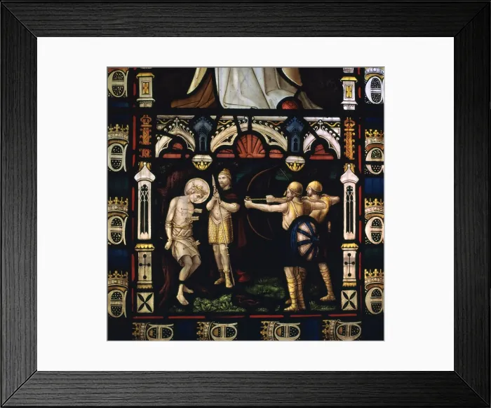 Framed Print : Stained glass window of St Edmund being martyred by Danes, 9th century Framed Print : Stained glass window of St Edmund being martyred by Danes, 9th century