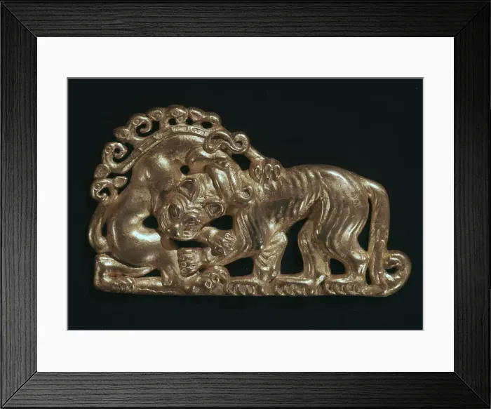 Framed Print : Sarmatian gold open-work plaque showing a tiger and fantastic beast Framed Print : Sarmatian gold open-work plaque showing a tiger and fantastic beast