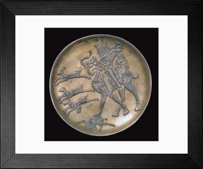 Framed Print : Sassanian dish showing a king hunting from camel-back Framed Print : Sassanian dish showing a king hunting from camel-back