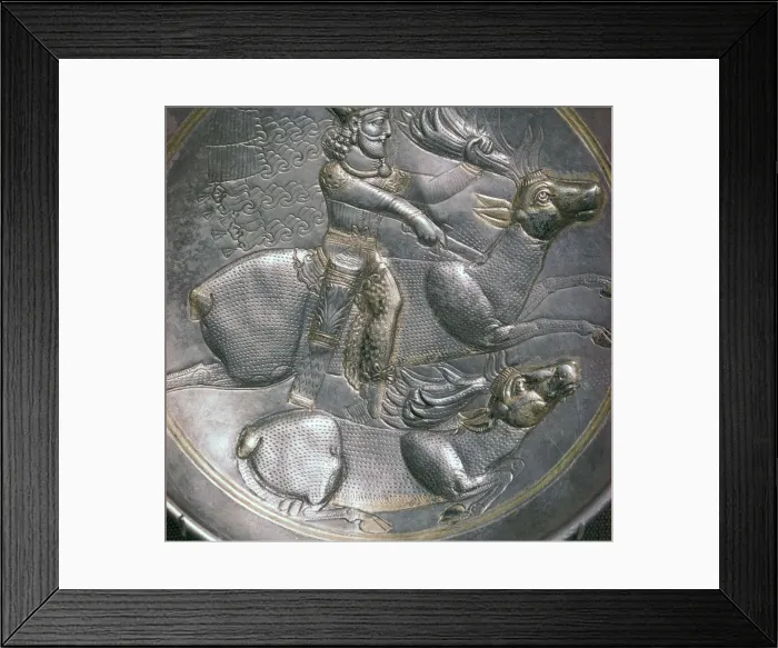 Framed Print : A Sassanid silver dish showing King Shapur II, 4th century Framed Print : A Sassanid silver dish showing King Shapur II, 4th century