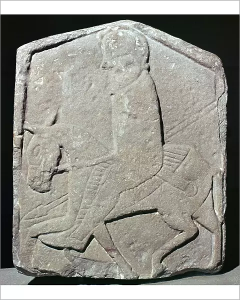 Detail of a Pictish slab showing a horseman with sword and spear, 7th century