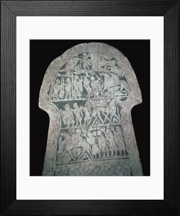 Framed Print : Detail of Viking stele showing a battle scene, 8th century Framed Print : Detail of Viking stele showing a battle scene, 8th century