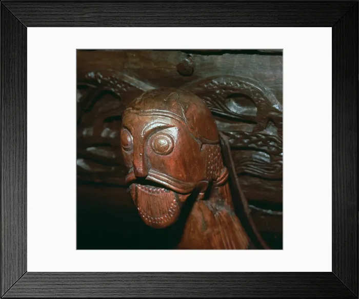 Framed Print : Carved head detail from a cart in the Oseburg Viking ship burial, 9th century Framed Print : Carved head detail from a cart in the Oseburg Viking ship burial, 9th century