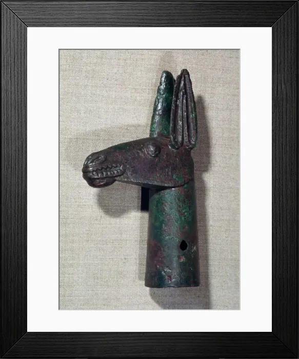 Framed Print : Bronze pole-top in the shape of a mules head, 6th century BC Framed Print : Bronze pole-top in the shape of a mules head, 6th century BC