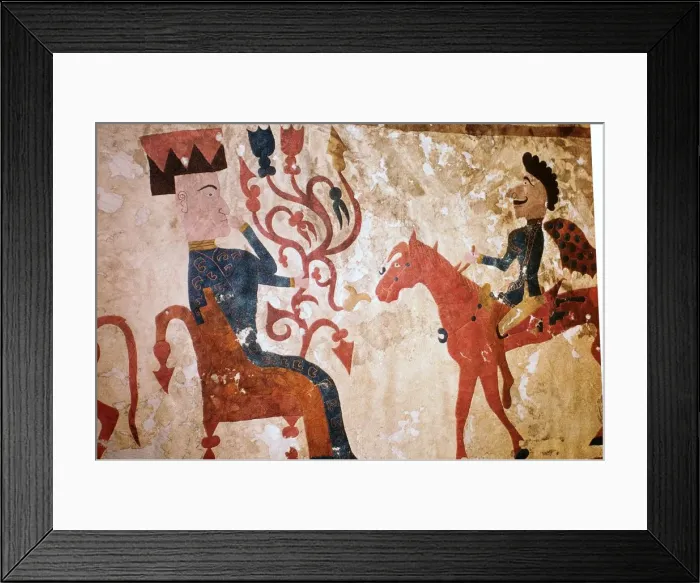 Framed Print : Detail of a horseman and seated man from felt Scythian wall-hanging Framed Print : Detail of a horseman and seated man from felt Scythian wall-hanging