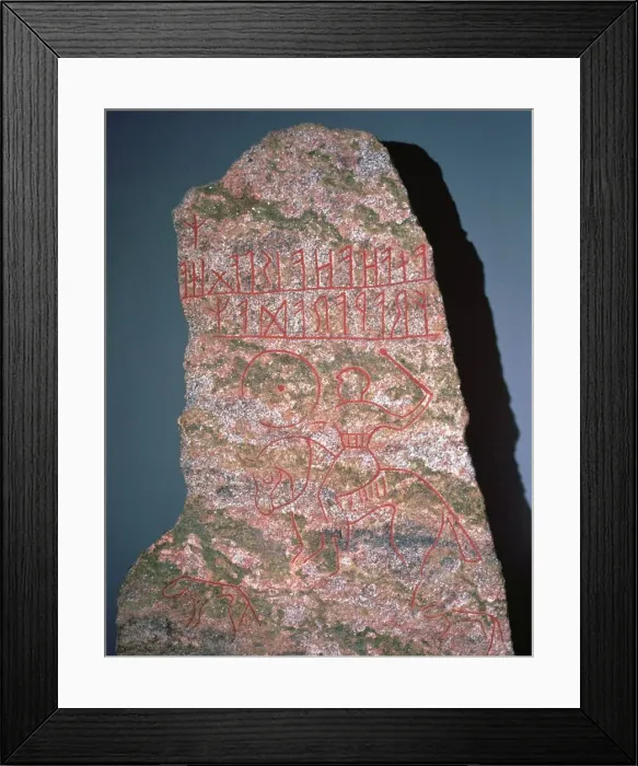 Framed Print : Swedish runestone with late Christian influences, 6th century Framed Print : Swedish runestone with late Christian influences, 6th century