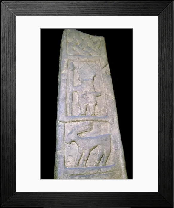Framed Print : Cross-shaft fragment showing a warrior with sword, spear, 10th century Framed Print : Cross-shaft fragment showing a warrior with sword, spear, 10th century
