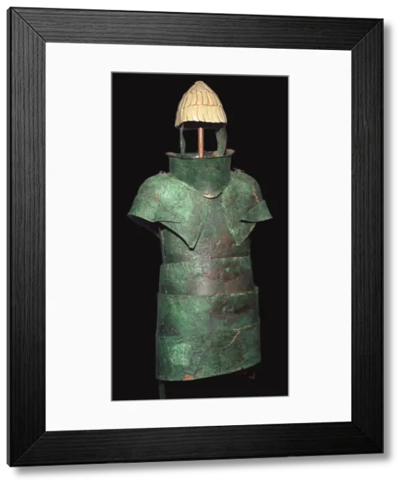 Framed Print : Set of Mycenaean armour with cuirrass and helm, c. 16th century BC Framed Print : Set of Mycenaean armour with cuirrass and helm, c. 16th century BC