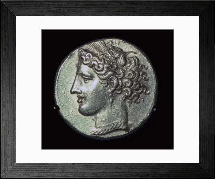 Framed Print : Head of Tanit on a gold tridrachm