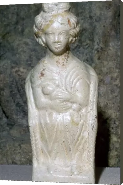 Ceramic figurine of a Mother Goddess, sitting in a chair and nursing a baby, 2nd century