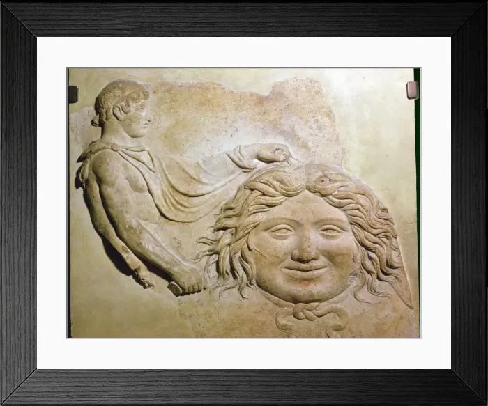 Framed Print : Roman fragment of a terracotta Campana relief showing head of Medusa with figure of Perseus Framed Print : Roman fragment of a terracotta Campana relief showing head of Medusa with figure of Perseus
