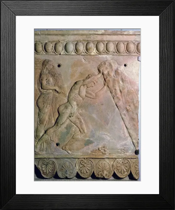Framed Print : Roman terracotta Campana plaque showing Theseus lifting a huge rock