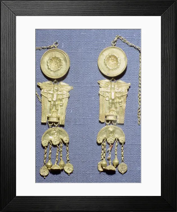 Framed Print : A pair of Roman gold earrings from Granada, Spain Framed Print : A pair of Roman gold earrings from Granada, Spain