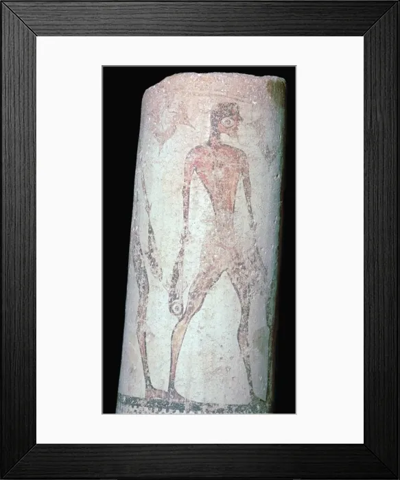 Framed Print : Painted Cycladic pottery of a man carrying fish Framed Print : Painted Cycladic pottery of a man carrying fish