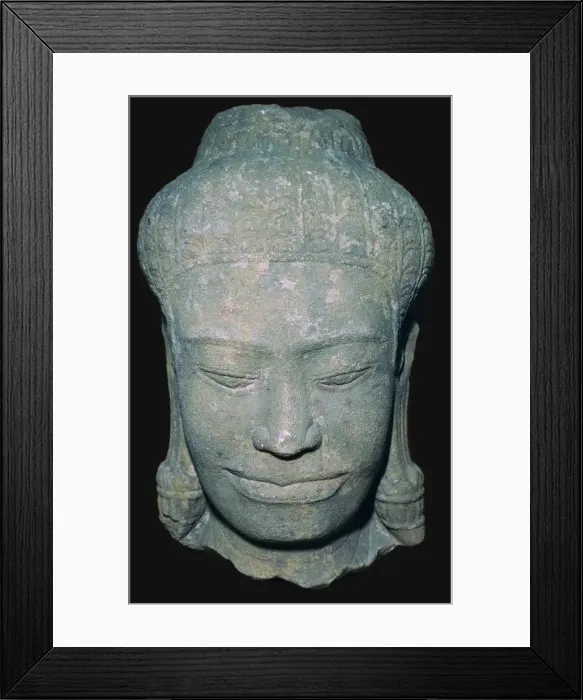 Framed Print : Stone sculptured head in Angkok style, 10th century Framed Print : Stone sculptured head in Angkok style, 10th century