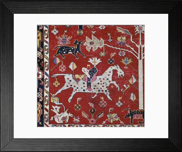 Framed Print : Detail of a horse, dog and tree on a Caucasian Hunting carpet, 17th century Framed Print : Detail of a horse, dog and tree on a Caucasian Hunting carpet, 17th century