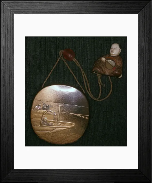 Framed Print : Japanese Netsuke and purse, 19th century Framed Print : Japanese Netsuke and purse, 19th century