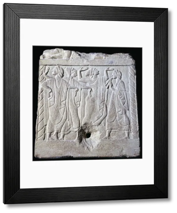 Framed Print : Etruscan relief of dancers and a musician, 6th century BC Framed Print : Etruscan relief of dancers and a musician, 6th century BC