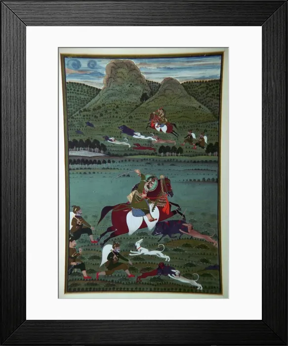 Framed Print : Painting of Maharana Jawan Singh hunting wild boars, 19th century Framed Print : Painting of Maharana Jawan Singh hunting wild boars, 19th century