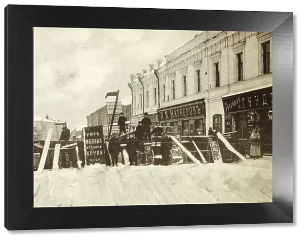 Revolutionary barricades on Seleznevskaya Street, Moscow, Russia, during the uprising in 1905