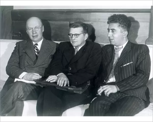 Sergei Prokofiev, Dmitri Shostakovich and Aram Khachaturian, Russian composers, 1945
