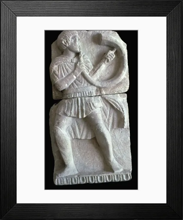 Framed Print : Detail from a Spanish frieze showing a man with a horn Framed Print : Detail from a Spanish frieze showing a man with a horn