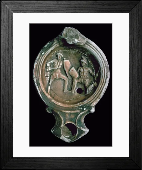 Framed Print : Roman clay lamp decorated with gladiators, 3rd century Framed Print : Roman clay lamp decorated with gladiators, 3rd century