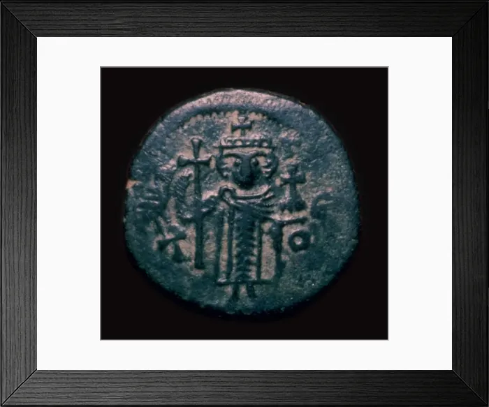 Framed Print : Bronze fals showing a figure holding a cross, 7th century Framed Print : Bronze fals showing a figure holding a cross, 7th century
