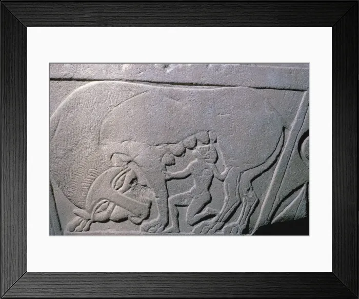 Framed Print : Etruscan grave-slab showing a man being suckled by a beast, 5th century Framed Print : Etruscan grave-slab showing a man being suckled by a beast, 5th century