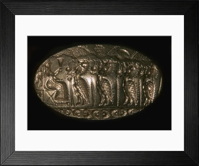 Framed Print : Mycenaean gold signet ring picturing a fertility rite, 13th century BC Framed Print : Mycenaean gold signet ring picturing a fertility rite, 13th century BC