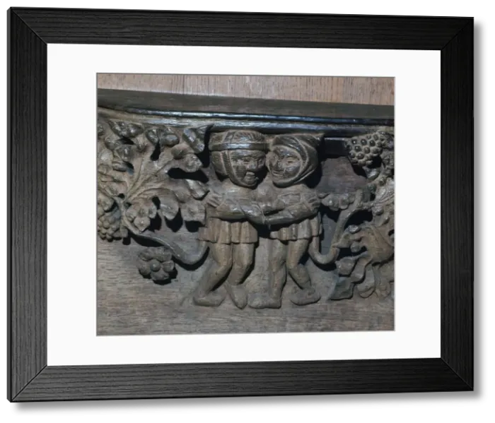 Framed Print : Wooden misericord in Southwell Minster, 14th century Framed Print : Wooden misericord in Southwell Minster, 14th century