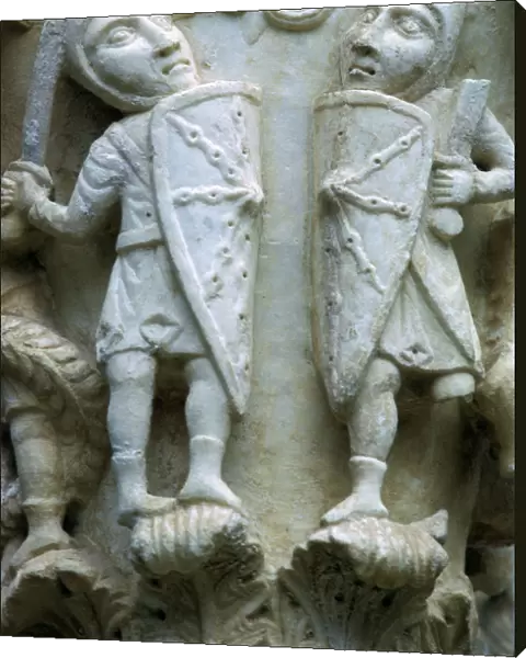 Detail of a column showing Norman Soldiers, 12th century