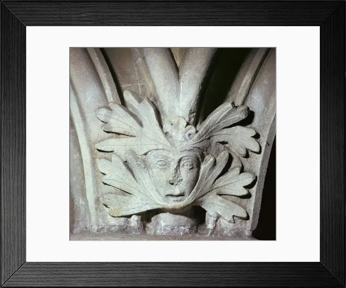 Framed Print : Detail of a Green Man at Southwell Minster in Nottinghamshire, 12th century Framed Print : Detail of a Green Man at Southwell Minster in Nottinghamshire, 12th century