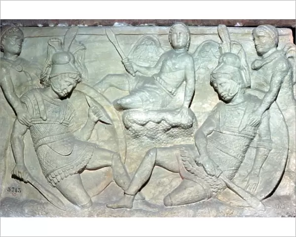 Detail of an Etruscan sarcophagus from Chiusi showing the death of Eteocles and Polynices