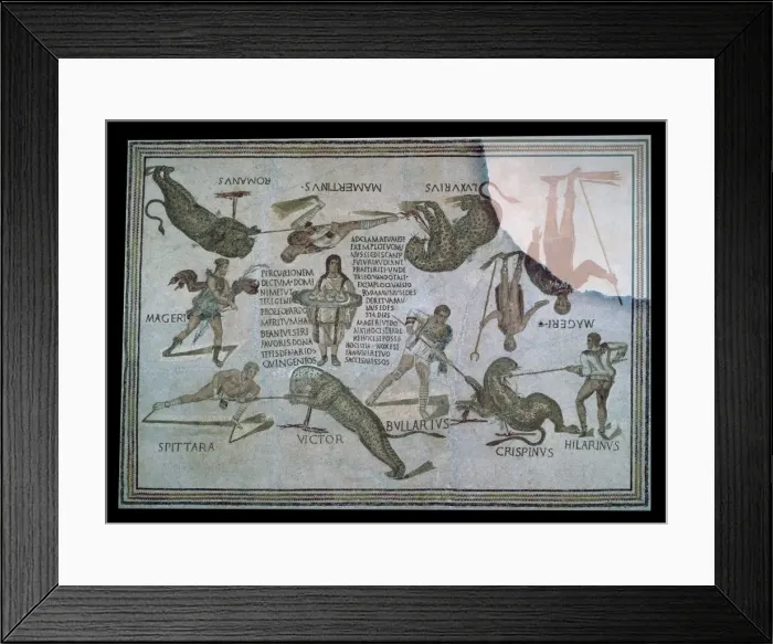Framed Print : Roman mosaic of performers killing a leopard at a spectacle, 3rd century Framed Print : Roman mosaic of performers killing a leopard at a spectacle, 3rd century