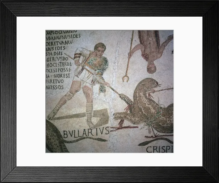 Framed Print : Roman mosaic of performers killing a leopard at a spectacle, 3rd century Framed Print : Roman mosaic of performers killing a leopard at a spectacle, 3rd century