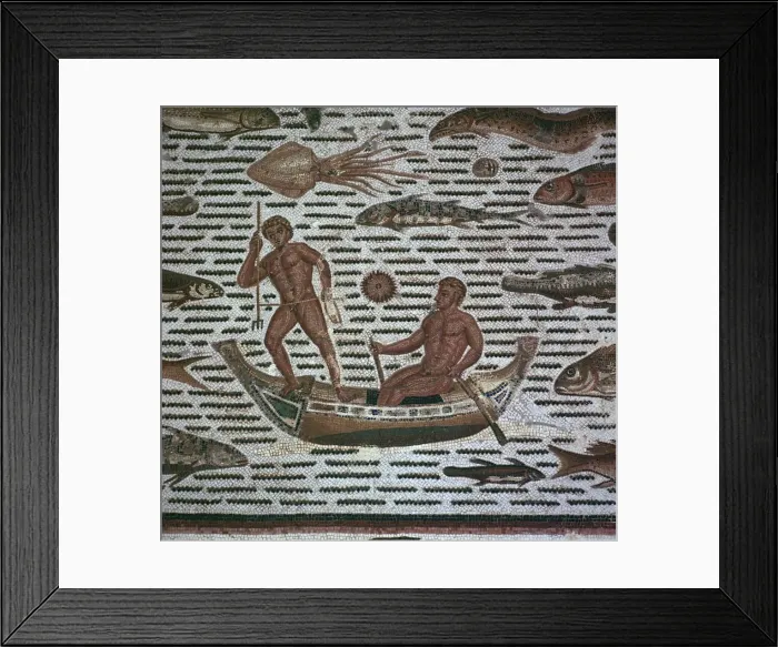 Framed Print : Roman mosaic of men fishing, 2nd century Framed Print : Roman mosaic of men fishing, 2nd century
