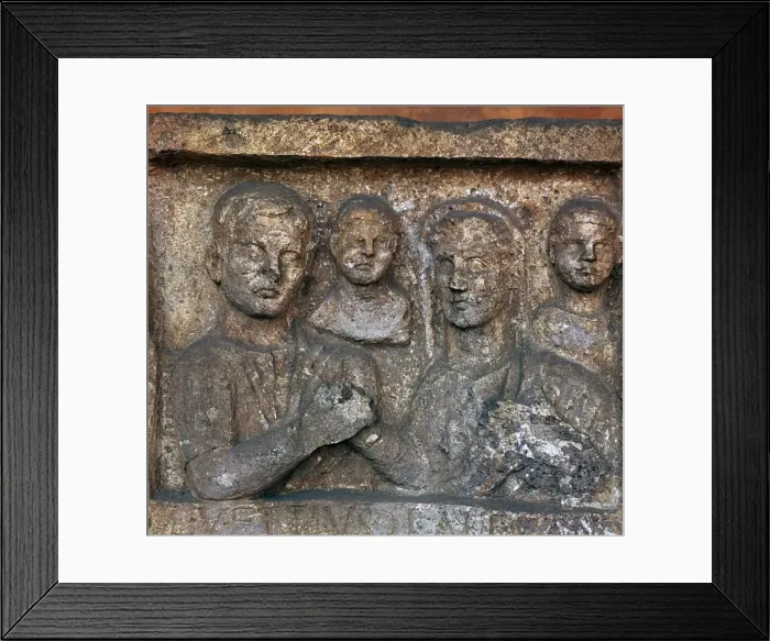 Framed Print : Roman grave-slab showing a family group Framed Print : Roman grave-slab showing a family group