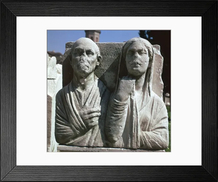 Framed Print : Roman grave-slab with a husband and wife Framed Print : Roman grave-slab with a husband and wife