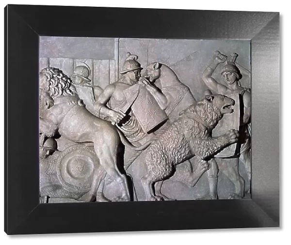 Roman relief of gladiators fighting wild beasts. 1st century