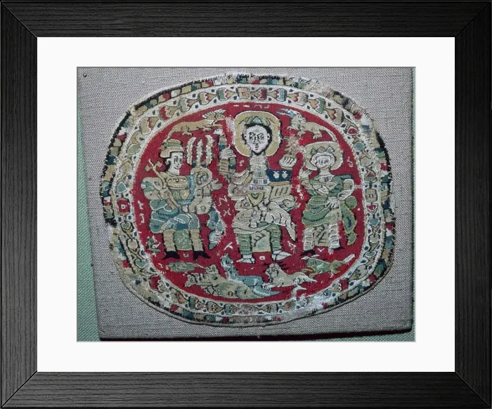 Framed Print : Coptic tapestry of a royal couple with Christ, 10th century Framed Print : Coptic tapestry of a royal couple with Christ, 10th century