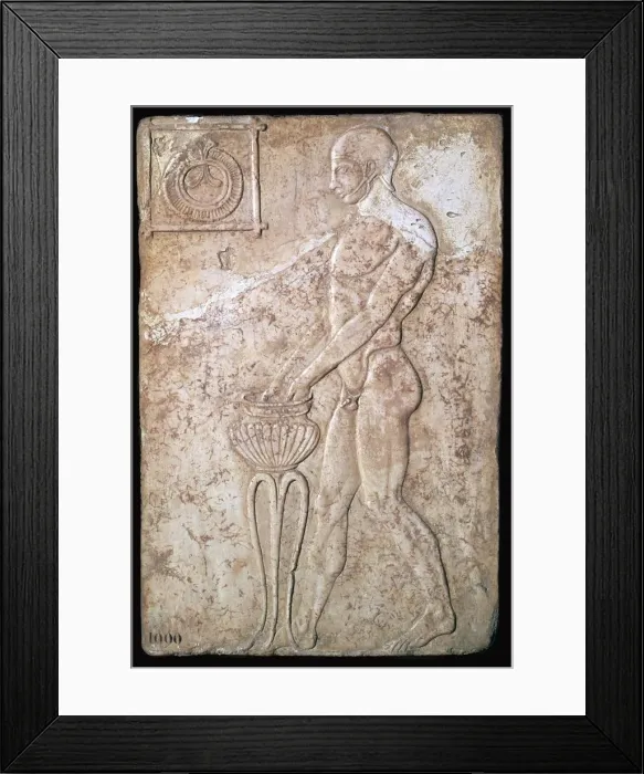 Framed Print : Votive relief of an athlete making a lustration, 2nd century Framed Print : Votive relief of an athlete making a lustration, 2nd century
