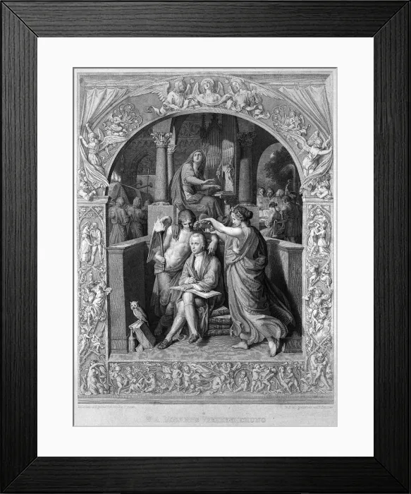 Framed Print : The glorification of Wolfgang Amadeus Mozart, c. 1858. Artist: Fuhrich, Joseph, Ritter von (1800-1876) Framed Print : The glorification of Wolfgang Amadeus Mozart, c. 1858. Artist: Fuhrich, Joseph, Ritter von (1800-1876)